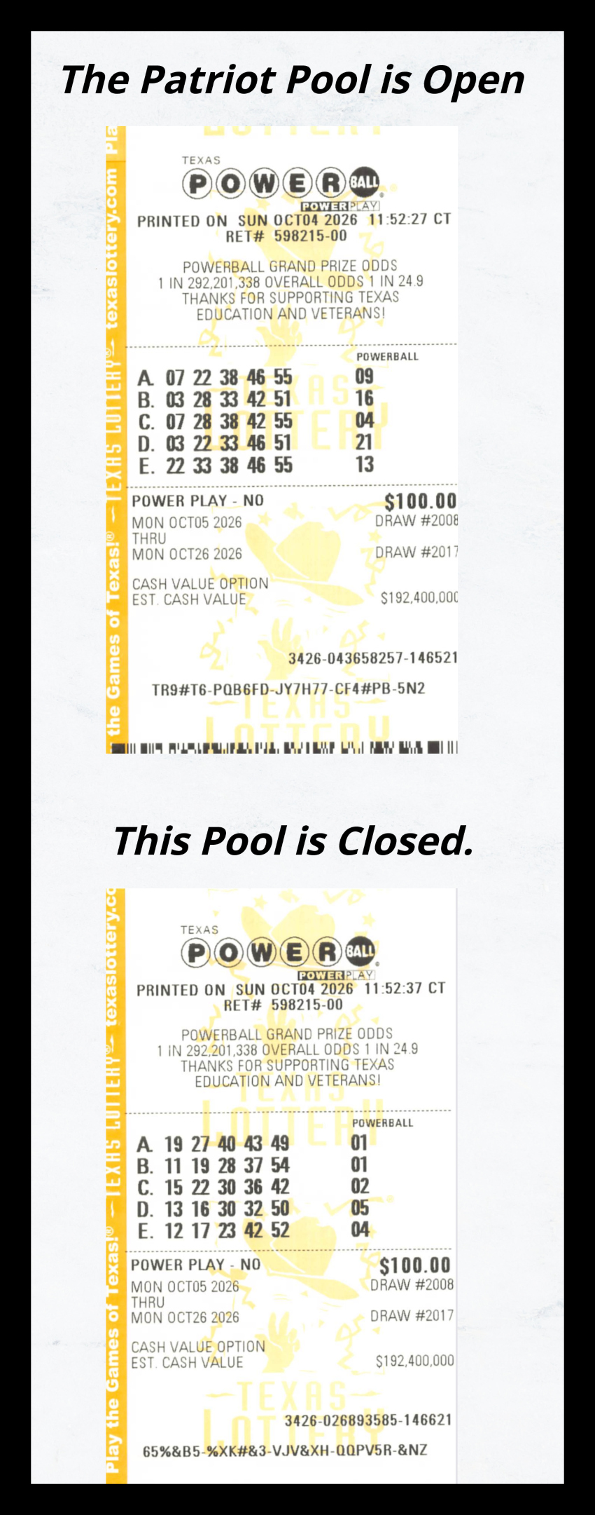 Texas Powerball Lotto Tickets.